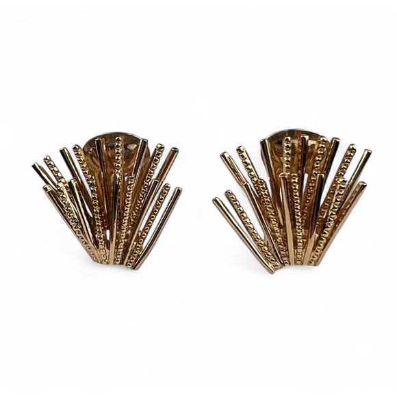 Christian Dior Vintage Gold Tone Clip On Earrings Abstract Fan - Picture 1 of 9